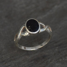 Ladies sterling silver Celtic inspired ring with oval Whitby Jet stone
