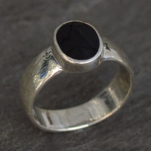 Wide sterling silver ladies ring with hand cut oval Whitby Jet stone
