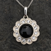 Large round sterling silver Whitby Jet cubic zirconia frill edge cabochon necklace