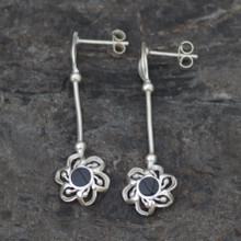 Long slim sterling silver and Whitby Jet flower drop earrings with stud fastenings