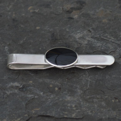 Hand crafted gents sterling silver tie slide with oval Whitby Jet stone