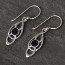 Hand crafted sterling silver Celtic loop drop earrings with round Whitby Jet stones