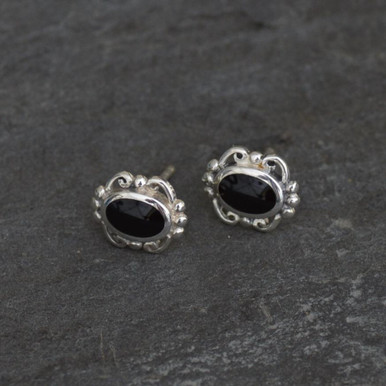 Hand crafted fancy oval sterling silver and Whitby Jet stud earrings