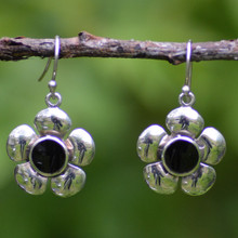 Sterling silver and Whitby Jet buttercup drop earrings