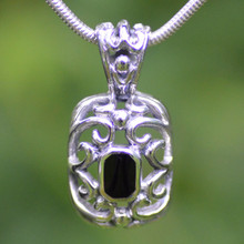 Sterling silver filigree pendant with Whitby Jet on thick snake chain