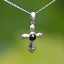 Small curved sterling silver and Whitby Jet cross cabochon pendant