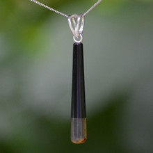 Long slim cylindrical Whitby Jet and Indonesian amber drop pendant with 925 silver