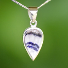 Unique Derbyshire blue john and sterling silver reverse teardrop pendant on 18 inch silver curb chain