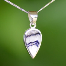 Hand crafted small reverse teardrop Derbyshire blue john and sterling silver pendant on silver curb chain