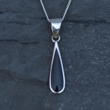 Slim narrow Whitby Jet teardrop necklace with 925 sterling silver 