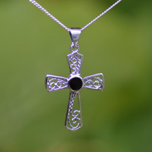 Hand crafted Whitby Jet and 925 sterling silver filigree cross pendant