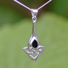 Long sterling silver Celtic pendant with teardrop shaped Whitby Jet stone