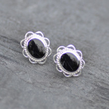 Large oval sterling silver and Whitby Jet rope and frill stud earrings