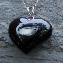 extra large whitby jet carved heart pendant on 9ct gold chain