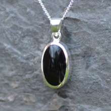 Long oval Jet and sterling silver pendant handmade in Whitby