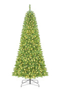 This pre-lit, 5', 6' 6", 7' 6", 9' or 12' Yukon fir slender tree is sure to become a holiday decorating focal point. Crafted with exceptional quality, beauty and convenience, the tree features green, commercial-grade PVC and strong, metal hinged branch construction. It comes pre-lit with 105, 330, 365, 575 or 750 5mm wide angle warm white LEDs and features 310, 597, 861, 1,373 or 2,843 tips. If one bulb burns out, the other light strands remain lit and spare bulbs are included. Traditional and slender in shape, and lush green in color, this tree can withstand the outdoors and bear the weight of heavy ornaments. The 5' tree comes with a sturdy planter and all other trees come with a metal tree stand for easy setup. 