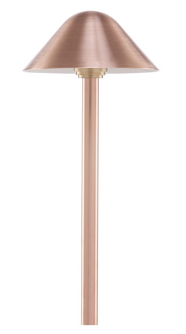 Sollos PMH070-CU-15, modern hat path light with a brass or natural copper housing.  Clear polycarbonate lens with dual silicone gaskets.  8" ground stake included. A T3 bi-pin 20 watt lamp is included.

