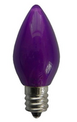 BOX QTY: 25 BULBS
CASE QTY: 1000 BULBS
Smooth Purple: These lights will have you wanting to bath in purple rain. Prince would approve of the smooth soothing color of these purple LED bulbs.  The classic style and high quality of these bulbs require low to zero maintenance. The low energy using LED’s generate a vibrant glow that lasts seven times longer than other bulbs. When accented with yellow and green LED’s these bulbs will make your party feel like Bourbon Street this Mardi Gras. 

•	Each bulb has three professional grade LED's inside to create a bright glow. 
•	The low watt LED bulbs allow for you to make longer runs while using low amounts of energy. 
•	The bulbs remain cool to the touch because of the low energy LED bulbs inside. 
•	These durable smooth textured bulbs have a 60,000 hour lifespan
•	We use nickel platted bases instead of brass to prevent corrosion.
•	Now you can get an LED C7 lamp without the faceted caps. These lamps remind us of the old opaque/ceramic bulbs of the past.
•	Indoor and Outdoor use
*Per bulb price varies per bulb color*

