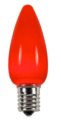 BOX QTY: 25 BULBS
CASE QTY: 1000 BULBS
Smooth Red: This bulb is a beautiful smooth red like Santa’s coat! This classic red bulb has the look of lighting decorations and homes during the holidays for generations but has a new LED brightness.  The low energy using LED’s generate a vibrant glow that lasts seven times longer than other bulbs. These LED bulbs have a 60,000 hour life span which will make you want to sing Christmas cheer loud and long for all to hear. 

•	Each bulb has three professional grade LED's inside to create a bright glow. 
•	The low watt LED bulbs allow for you to make longer runs while using low amounts of energy. 
•	The bulbs remain cool to the touch because of the low energy LED bulbs inside. 
•	These durable smooth textured bulbs have a 60,000 hour lifespan
•	We use nickel platted bases instead of brass to prevent corrosion.
•	Now you can get an LED C9 lamp without the faceted caps. These lamps remind us of the old opaque/ceramic bulbs of the past.
•	Indoor and Outdoor use
*Per bulb price varies per bulb color*
