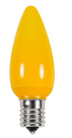 BOX QTY: 25 BULBS
CASE QTY: 1000 BULBS
Shines bright like the ghost of Christmas past this holiday season with the classic look of these smooth yellow bulbs. Make your home or business shine bright like a holiday candle with these LED bulbs. The low energy using LED’s generate a vibrant glow that lasts seven times longer than other bulbs. The durability of these bulbs make them great for lining walk ways or fencing. One of the original classic colors. 
•	Each bulb has three professional grade LED's inside to create a bright glow. 
•	The low watt LED bulbs allow for you to make longer runs while using low amounts of energy. 
•	The bulbs remain cool to the touch because of the low energy LED bulbs inside. 
•	These durable smooth textured bulbs have a 60,000 hour lifespan
•	We use nickel platted bases instead of brass to prevent corrosion.
•	Now you can get an LED C9 lamp without the faceted caps. These lamps remind us of the old opaque/ceramic bulbs of the past.
•	Indoor and Outdoor use
*Per bulb price varies per bulb color*
