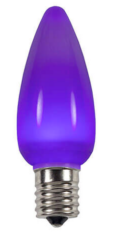 BOX QTY: 25 BULBS
CASE QTY: 1000 BULBS
Smooth Purple: These lights will have you wanting to bath in purple rain. Prince would approve of the smooth soothing color of these purple LED bulbs.  The classic style and high quality of these bulbs require low to zero maintenance. The low energy using LED’s generate a vibrant glow that lasts seven times longer than other bulbs. When accented with yellow and green LED’s these bulbs will make your party feel like Bourbon Street this Mardi Gras. 

•	Each bulb has three professional grade LED's inside to create a bright glow. 
•	The low watt LED bulbs allow for you to make longer runs while using low amounts of energy. 
•	The bulbs remain cool to the touch because of the low energy LED bulbs inside. 
•	These durable smooth textured bulbs have a 60,000 hour lifespan
•	We use nickel platted bases instead of brass to prevent corrosion.
•	Now you can get an LED C9 lamp without the faceted caps. These lamps remind us of the old opaque/ceramic bulbs of the past.
•	Indoor and Outdoor use
*Per bulb price varies per bulb color*
