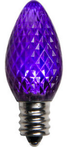 BOX QTY: 25 BULBS
CASE QTY: 1000 BULBS
Retro Fit Purple: Make yourself feel like royalty with the rich purple glow of these LED bulbs. There durable LED bulbs will look great this Mardi Gras when accented with green and yellow bulbs! The low energy using LED’s generate a vibrant glow that lasts seven times longer than other bulbs.

•	Each bulb has three professional grade LED's inside to create a bright glow. 
•	The low watt LED bulbs allow for you to make longer runs while using low amounts of energy. 
•	The bulbs remain cool to the touch because of the low energy LED bulbs inside. 
•	These durable smooth textured bulbs have a 60,000 hour lifespan
•	We use nickel platted bases instead of brass to prevent corrosion.
•	Now you can get an LED C7 lamp without the faceted caps. 
•	Indoor and Outdoor use
*Per bulb price varies per bulb color*
