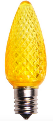 BOX QTY: 25 BULBS
CASE QTY: 1000 BULBS
Shine bright like the gold standard with these bright yellow LED bulbs. These LED yellow bulbs would bring your Mardi Gras party to life when accent with other green and purple LED bulbs. The low energy using LED’s generate a vibrant glow that lasts seven times longer than other bulbs. The durability of these bulbs make them great for lining walk ways or fencing.
•	Each bulb has three professional grade LED's inside to create a bright glow. 
•	The low watt LED bulbs allow for you to make longer runs while using low amounts of energy. 
•	The bulbs remain cool to the touch because of the low energy LED bulbs inside. 
•	These durable smooth textured bulbs have a 60,000 hour lifespan
•	We use nickel platted bases instead of brass to prevent corrosion.
•	Now you can get an LED C9 lamp without the faceted caps. 
•	Indoor and Outdoor use
*Per bulb price varies per bulb color*
