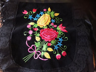 Black Veracruz apron made of velvet with black lace and large colorful flowers