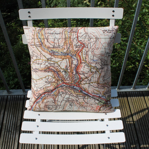 Hebden Bridge cushion printed with Ordnance Survey map