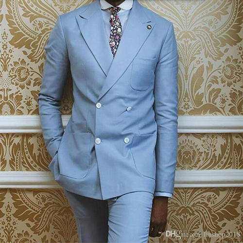 Double-breasted light blue grooms suit for weddings