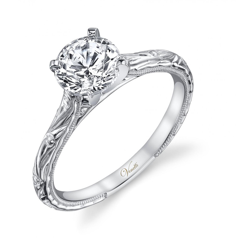 14K WHITE GOLD HAND ENGRAVED VINTAGE STYLED SOLITAIRE ENGAGEMENT RING -  Edward Warren Jewelers