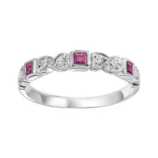 10K WHITE GOLD -  BEZEL & HEART STYLE PINK TOURMALINE & DIAMOND STACKABLE