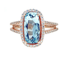 14K ROSE GOLD - ANTIQUE ELONGATED AQUAMARINE CUSHION CUT & DIAMOND HALO FASHION RING