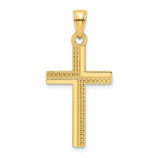 14K Yellow Gold - Men's Beaded Style High Polished Cross Pendant