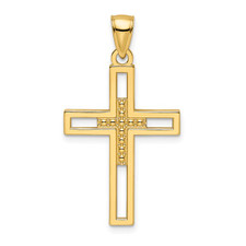 14K Yellow Gold - Men's Open Frame Beaded Style High Polished Cross Pendant