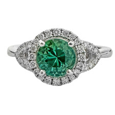 18K White Gold - Round Mint Green Tourmaline & Diamond Halo Gemstone Fashion Ring (0.20ct ) 