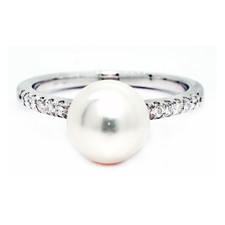 14K White Gold - 8mm Round Pearl Petite Diamond  Fashion Ring (0.14ct)