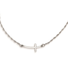 Sterling Silver - East2West Curved Cross Sideways Necklace - 18 inch