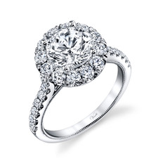 14K White Gold - Round Halo Shared Prong Diamond Engagement Ring Setting ( 1.06ct)