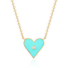 14K Yellow Gold - Turquoise Enamel Heart & Diamond Necklace