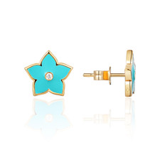14K Yellow Gold - Lotus Flower Turquoise Enamel & Diamond Stud Earrings