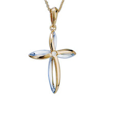 14K Yellow & White Gold - Open Palm Style Diamond Cross & Chain (0.03ct)