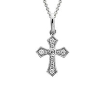 14K White Gold - Petite Vintage Diamond Cross Pendant & Chain