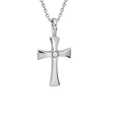 Sterling Silver - High Polished Small Diamond Accented Cross Pendant & Chain