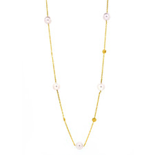 14K Yellow Gold, 6.5 - 7mm Cultured Pearl & Yellow Gold Textured Station Necklace (20 IN)