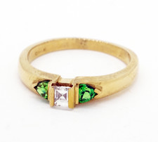 18K Yellow Gold -  Asscher Cut Diamond & Tsavorite Three Stone Ring 