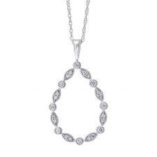 14K White Gold - Vintage Open Frame Pear Shaped Diamond Pendant & Chain (0.12ct)