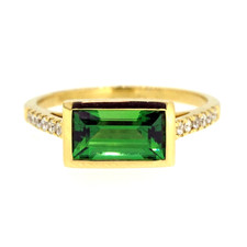 18K Yellow Gold - Bezel Set Emerald Cut Green Tourmaline & Diamond Fashion Ring 