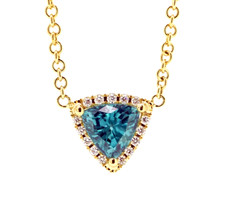 18K Yellow Gold -  Kim Collins - Trillion Cut Blue Zircon Diamond Halo Fashion Necklace 