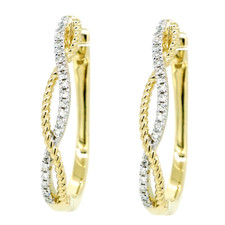 14K Yellow Gold - Two Tone Twisted Rope Style Diamond Hoop Earrings (0.17ct)